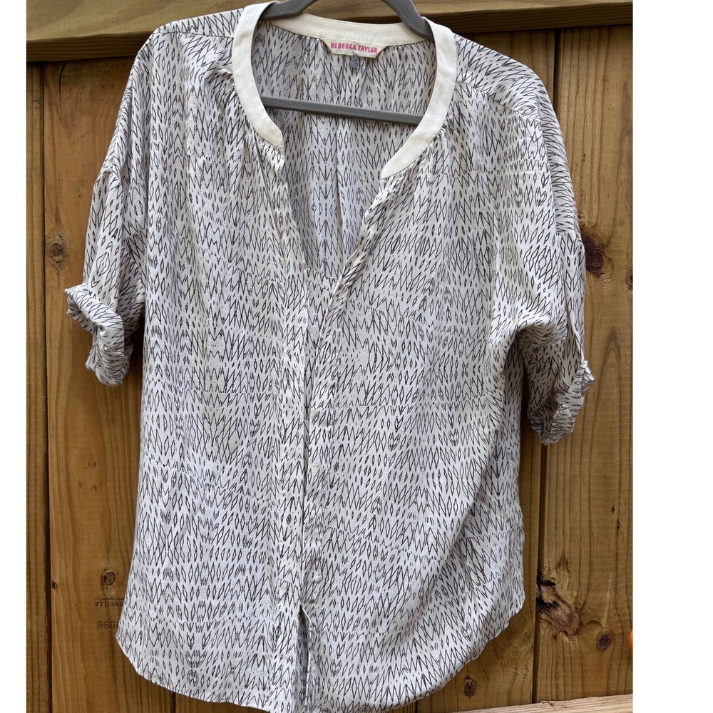 Rebecca Taylor Silk Blouse Top Women's Size 10 White‎ Black Print Button Down
